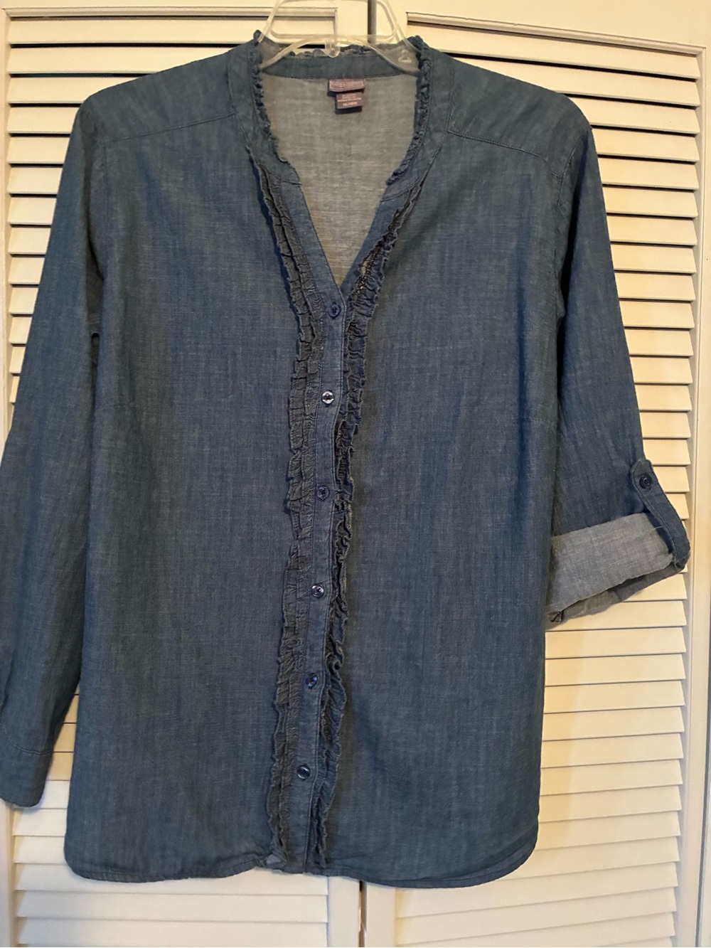 Laura Scott Denim-Style Blue Button-Down Shirt with Ruffle Trim